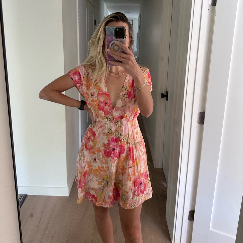 Free People Pink and Orange Floral Mini Dress
